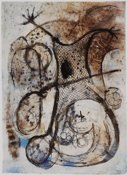 Arbeit auf Seidenpapier, Kaffee, Netz geklebt, Gouache, Tusche H 80cm x B 45cm, 1997