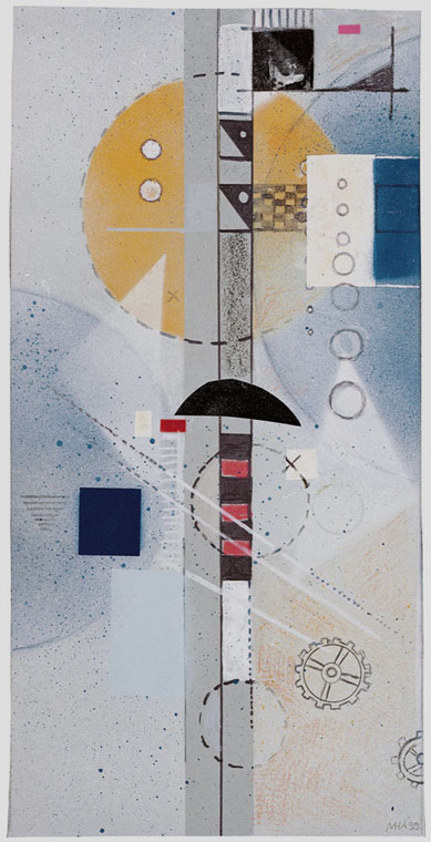Mischtechnik, Collage auf grauem Papier, H 50cm x B 25cm, 1999