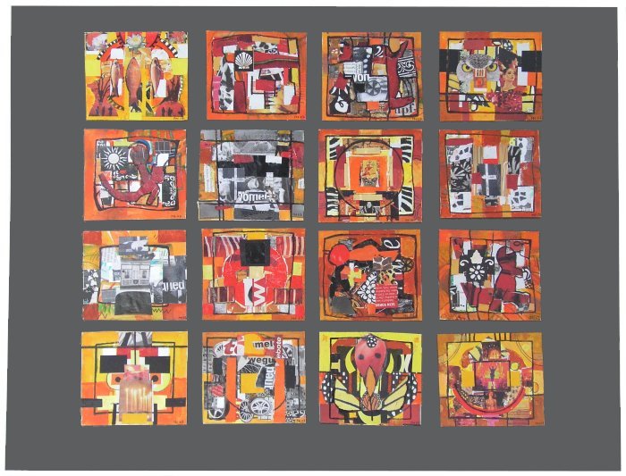 Aus der Folge: Elementarteilchen - "Zwischenwege" (Mittelteil) Collagen (Teile 1-14 / 1 Teil ca. 10cm x 10cm ) Gesamt: H 47.7cm x B 50cm), 2008